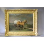 (XIX). English school, wooded landscape with two horses and a foal in a meadow, unsigned, oil on
