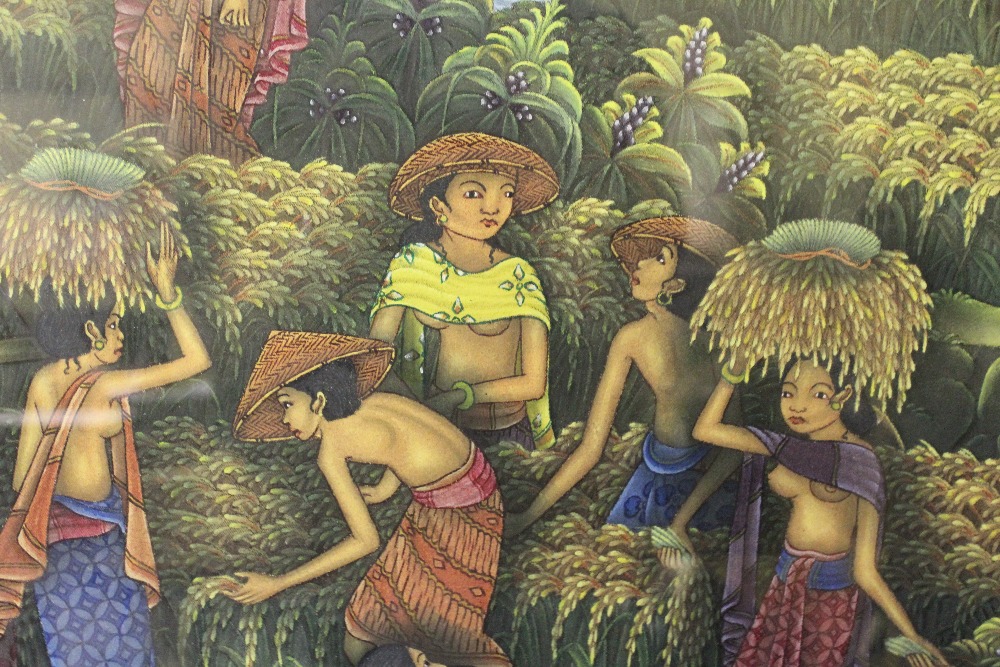 A 20TH CENTURY BALINESE PAINTING OF A VILLAGE SCENE, mixed media and textile, signed lower right, - Image 3 of 5