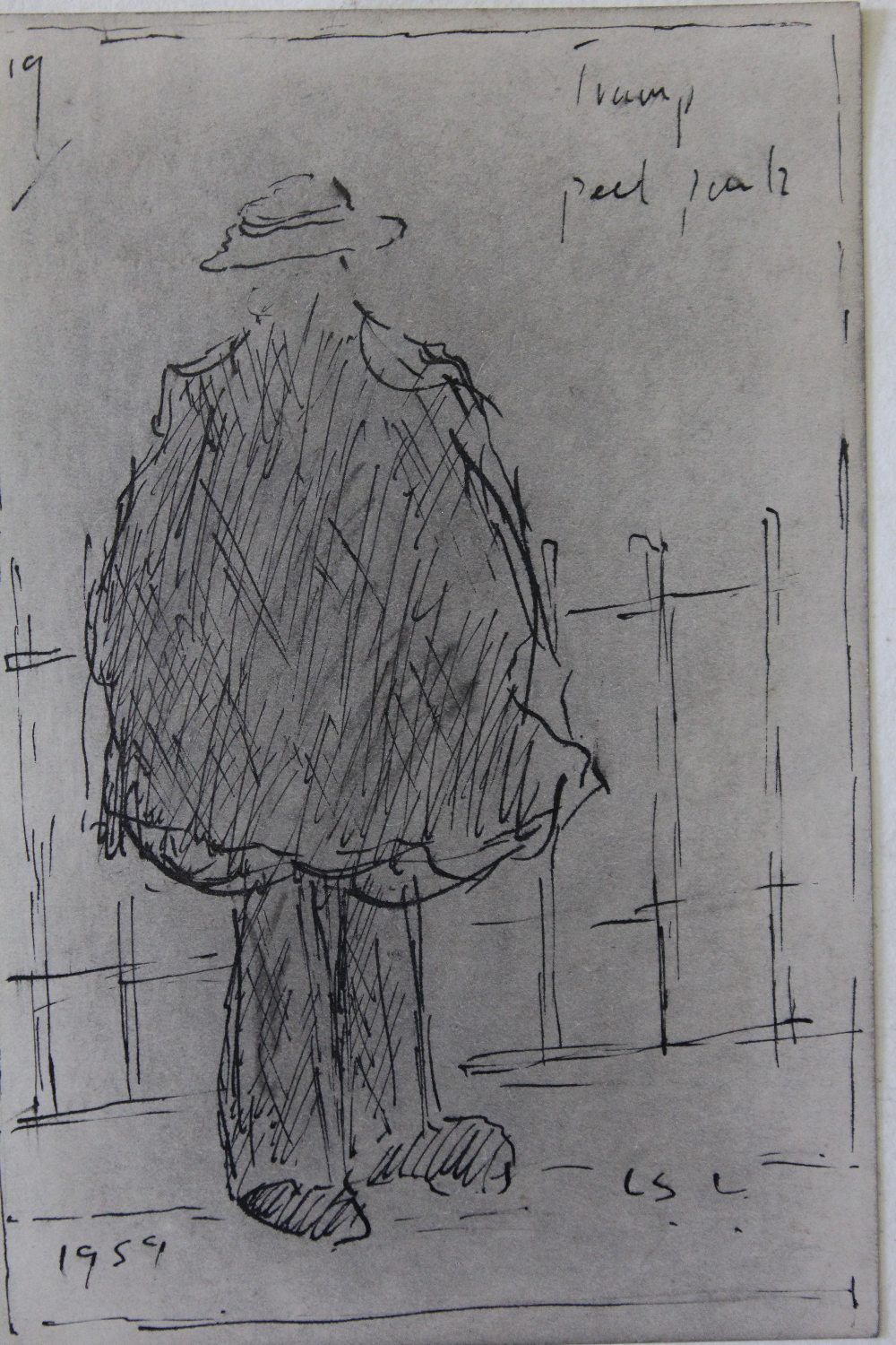 CIRCLE OF LAURENCE STEPHEN LOWRY (1887-1976). Study of a tramp by railings, inscribed, bears