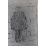CIRCLE OF LAURENCE STEPHEN LOWRY (1887-1976). Study of a tramp by railings, inscribed, bears
