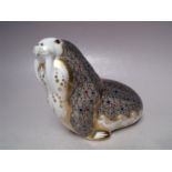 A ROYAL CROWN DERBY WALRUS PAPERWEIGHT, octagonal 21 gold stopper, with associated box, H 11 cm