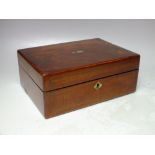 A VICTORIAN ROSEWOOD SEWING BOX, of rectangular form, with brass banding and mother of pearl