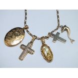 A GOLD CHAIN STAMPED 585 WITH VARIOUS PENDANTS, to include a locket, approx weight 40gCondition