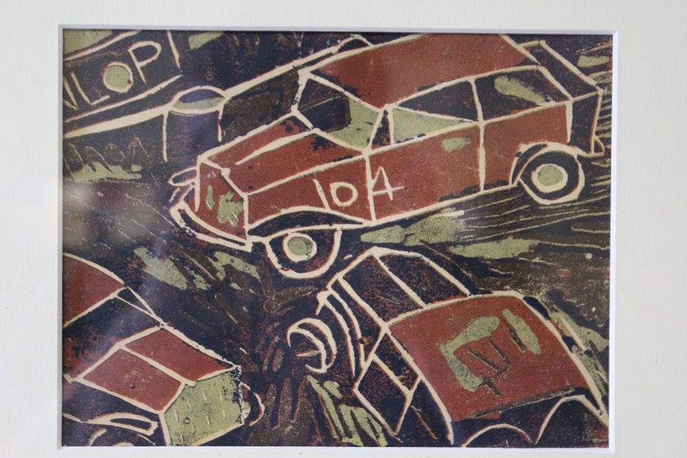 CIRCLE OF CLAUDE FLIGHT (1881-1955). Abstract street scene with cars, unsigned, coloured linocut,