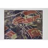 CIRCLE OF CLAUDE FLIGHT (1881-1955). Abstract street scene with cars, unsigned, coloured linocut,