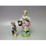 A DERBY PORCELAIN FIGURE OF A LADY CARRYING A BASKET OF FLOWERS, painted marks to base, H 17 cm,