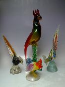A MURANO ART GLASS SCULPTURE OF A PARROT, H 47 cm, together with two Murano glass pheasants and a
