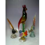 A MURANO ART GLASS SCULPTURE OF A PARROT, H 47 cm, together with two Murano glass pheasants and a