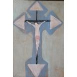 (XX). Modernist crucifixion scene, signed lower left, oil on board, framed, 48 x 37 cm