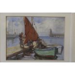 GYRTH RUSSELL (1892-1970). Canadian school, harbour scene with moored boats and figures, signed