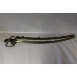 AN ANTIQUE CAVALRY SWORD WITH TWO RING STEEL SCABBARD, with basket hilt and curved fullered blade,