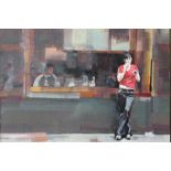 TANYA V. FOSTER (XXI). Soho street scene with girl standing before a cafe, signed lower left and