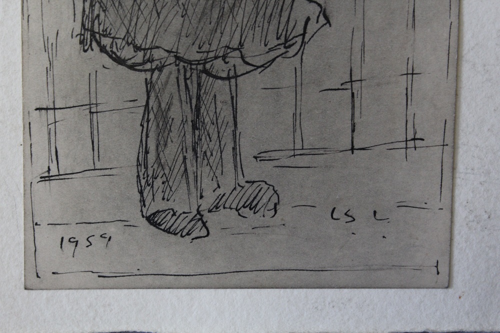 CIRCLE OF LAURENCE STEPHEN LOWRY (1887-1976). Study of a tramp by railings, inscribed, bears - Image 3 of 3
