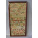 A FRAMED NEEDLEWORK SAMPLER DATED 1834, H 45.5 cm