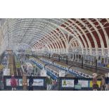 R.BAILLIE (XX). Paddington station interior scene with trains and numerous figures, signed and dated