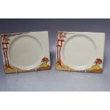 A PAIR OF CLARICE CLIFF BIZARRE RECTANGULAR SIDE PLATES IN THE CORAL FIRS PATTERN, printed marks