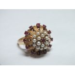 A HALLMARKED 14CT GOLD SEED PEARL AND GEMSET DRESS RING, ring size O, approx 7.7 g