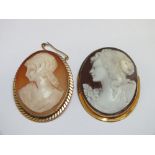 TWO CAMEO BROOCHES, one mounted in hallmarked 9 carat gold, the other in 750 stamped yellow metal,