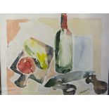 Z RUSZKOWSKI (XX). A wine bottle with chopping blade, board & food items, watercolour, signed