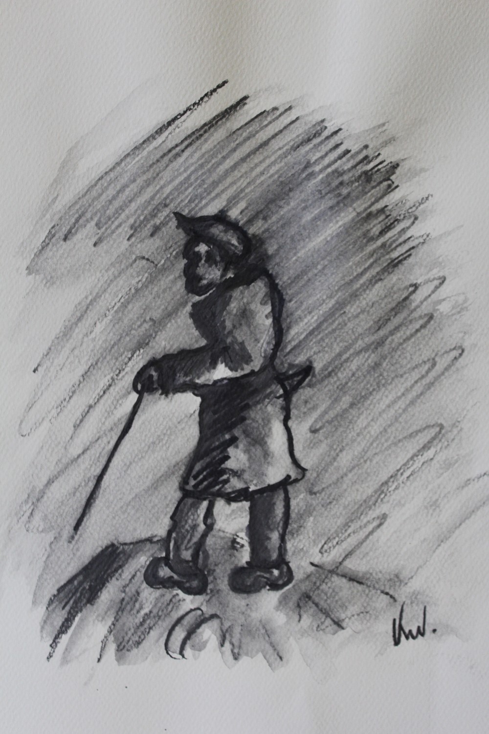 CIRCLE OF JOHN KYFFIN WILLIAMS (1918-2006). Study of a man with walking stick, bears initials