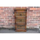 A 20TH CENTURY OAK GLAZED 'MINTY' THREE STAGE BOOKCASE OF SMALL PROPORTIONS, with six interior