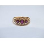 A HALLMARKED 18 CT GOLD THREE STONE RUBY AND DIAMOND RING, approx weight 3.3g, ring size P