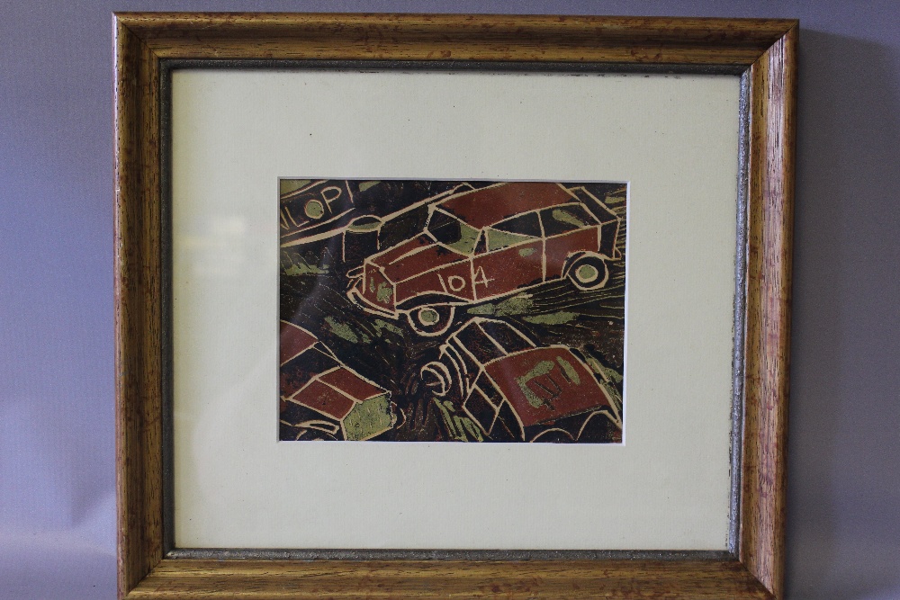 CIRCLE OF CLAUDE FLIGHT (1881-1955). Abstract street scene with cars, unsigned, coloured linocut, - Image 2 of 3