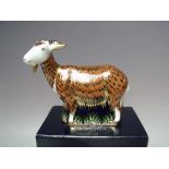 A ROYAL CROWN DERBY 'VISITORS CENTRE EXCLUSIVE' NANNY GOAT PAPERWEIGHT, octagonal 21 gold stopper,