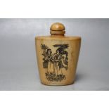 A VINTAGE CHINESE CARVED BONE SNUFF BOTTLE, with engraved figural decoration of ladies in typical