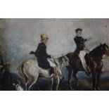 (XIX-XX). Irish school, 'The Hunting Party', with horses, dog and figures, unsigned, oil on board,
