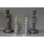 TWO PAIRS OF SILVER PLATED CANDLESTICKS, tallest H 28 cmCondition Report:repairs to the larger pair