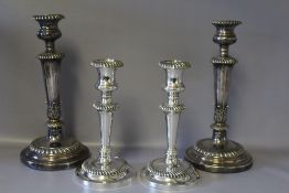 TWO PAIRS OF SILVER PLATED CANDLESTICKS, tallest H 28 cmCondition Report:repairs to the larger pair