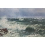EDWARD MOORE (XIX-XX). Rocky coastal scene with heavy surf, 'High Tide near Tenby', signed lower