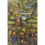 A 20TH CENTURY BALINESE PAINTING OF A VILLAGE SCENE, mixed media and textile, signed lower right,