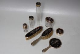 A MATCHED HALLMARKED SILVER AND PIQUE WORK VANITY / DRESSING TABLE SET - MOSTLY BIRMINGHAM 1913,