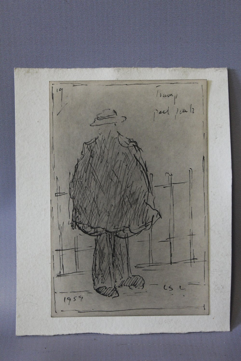 CIRCLE OF LAURENCE STEPHEN LOWRY (1887-1976). Study of a tramp by railings, inscribed, bears - Image 2 of 3