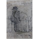 CIRCLE OF LAURENCE STEPHEN LOWRY (1887-1976). A small study of a figure by railings, bears signature