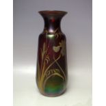 A MID 20TH CENTURY RUBY LUSTRE GLASS VASE WITH HAND PAINTED GILT EMBELLISHMENT, painted marks to