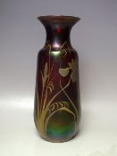 A MID 20TH CENTURY RUBY LUSTRE GLASS VASE WITH HAND PAINTED GILT EMBELLISHMENT, painted marks to