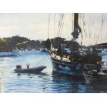 IAN MAGINNIS (XXI). Caribbean harbour scene with boats and figures 'Cambria & Tender Antigua 2004'