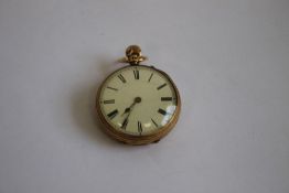 AN 18ct GOLD OPEN FACE TOP WIND POCKET WATCH, white enamel dial with black Roman Numeral markings,