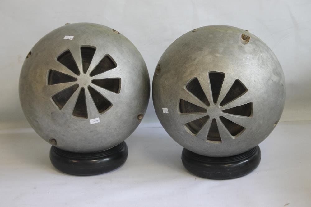 A PAIR OF VINTAGE RETRO GLOBE STEREO SPEAKERS, with grey cast alloy casings