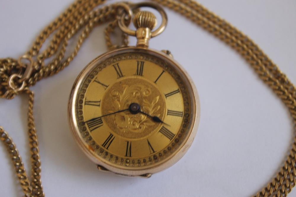 A LATE 19TH CENTURY CONTINENTAL LADIES FOB WATCH (marked 14ct) on a 9ct gold necklace chain. - Image 2 of 3