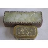 TWO CHINESE VINTAGE SNUFF TYPE BOXES, ONE WITH A PULL OFF LID INSET WITH A CARVED HARD STONE