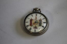 A SILVER PAIR CASED POCKET WATCH WITH PAINTED ARMORIAL DIAL, the movement signed 'Edmonds London
