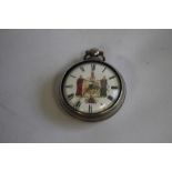 A SILVER PAIR CASED POCKET WATCH WITH PAINTED ARMORIAL DIAL, the movement signed 'Edmonds London