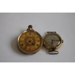 A 19TH CENTURY LADIES' FOB WATCH (marked 9ct) and a small 9ct ladies' wrist watch (2).