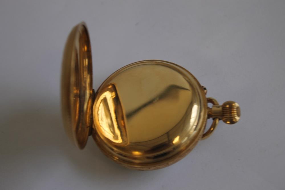 AN 18ct GOLD OPEN FACE TOP WIND POCKET WATCH, white enamel dial with black Roman Numeral markings, - Image 3 of 4