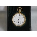 AN 18ct GOLD OPEN FACE TOP WIND POCKET WATCH, the white enamel dial (cracked) signed "Dent