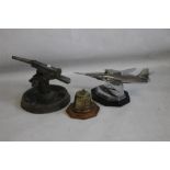 THREE VINTAGE MILITARY INTEREST TABLE LIGHTERS, to include a Trench Art cone with Royal Artillery